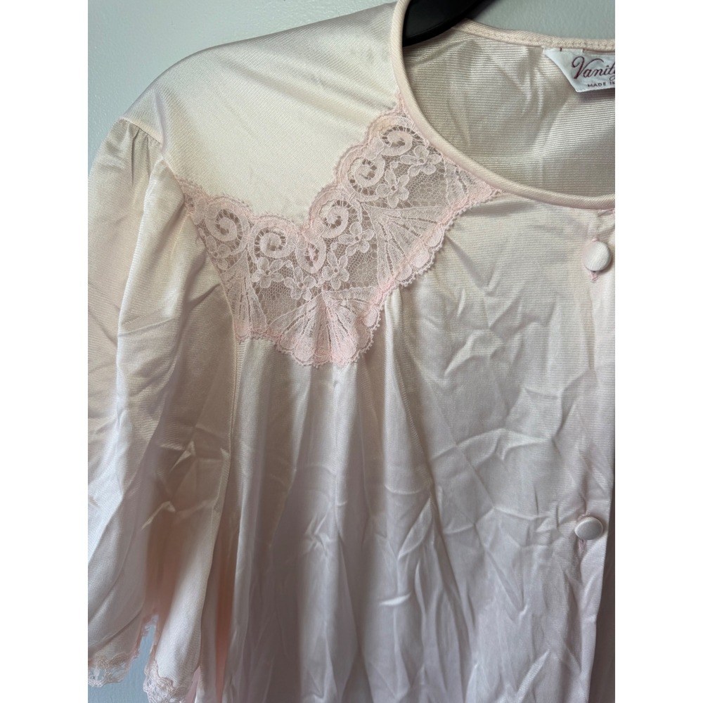 Vintage Vanity Fair Pink Lace Bed Top Short Sleeve Button Front Sleepwear M - Picture 12 of 12